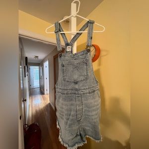 aerie distressed jean overalls